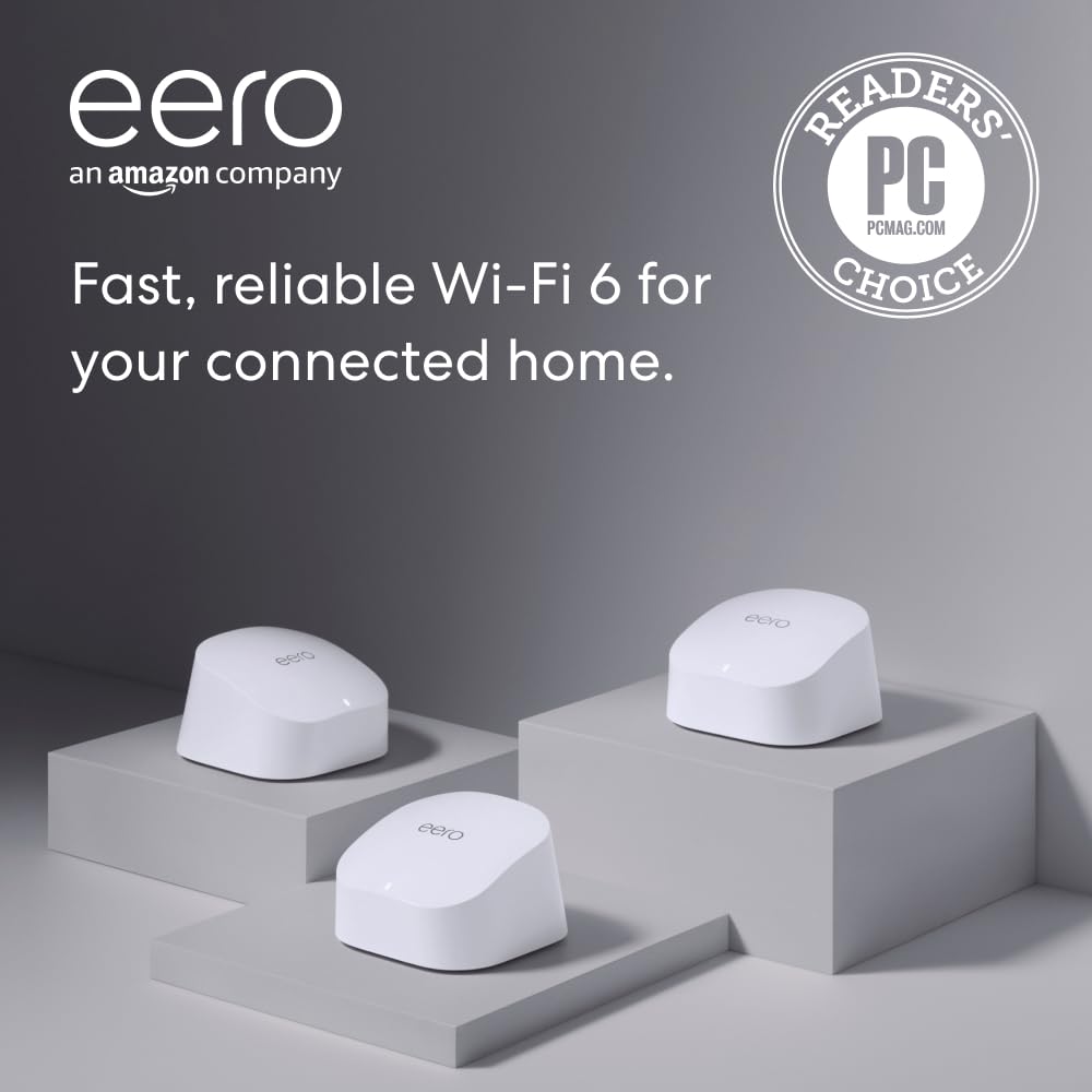 Amazon eero 6 mesh wifi system - Supports internet plans up to 500 Mbps, Coverage up to 4,500 sq. ft., Connect 75+
