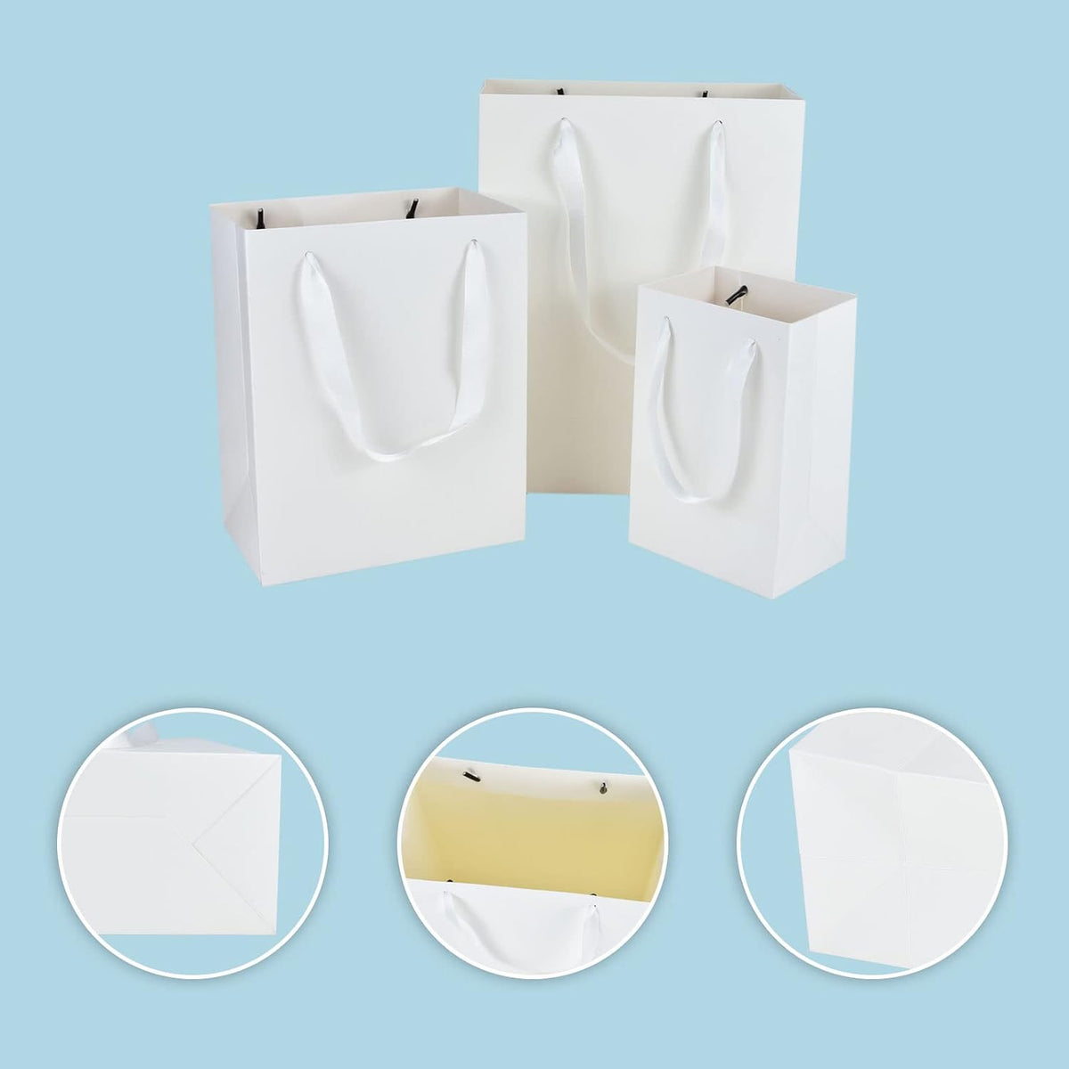 White Assorted Gift Bags with Handles, 10 Sets for 3 Sizes