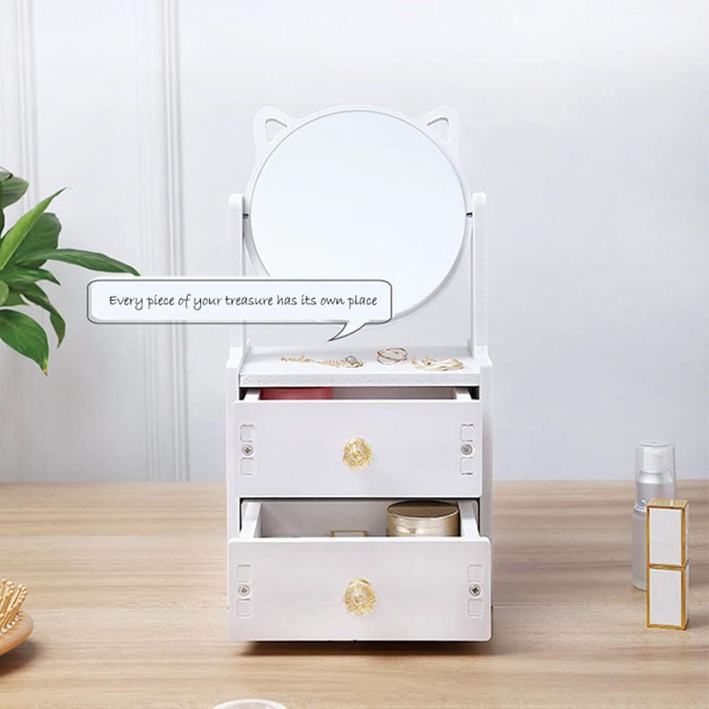 Cat Ear Vanity Mirror, Desktop Makeup Mirror with Drawer, Multipurpose Cosmetic Box, Plastic Cosmetic Storage