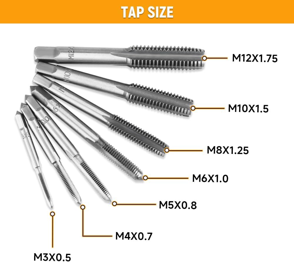 Hoteche 8 pcs Taps Set with Adjustable Tap Wrench 1/16-1/2'' for Internal and External Threading Taps Size M3 M4 M5 M6 M8 M10 M12