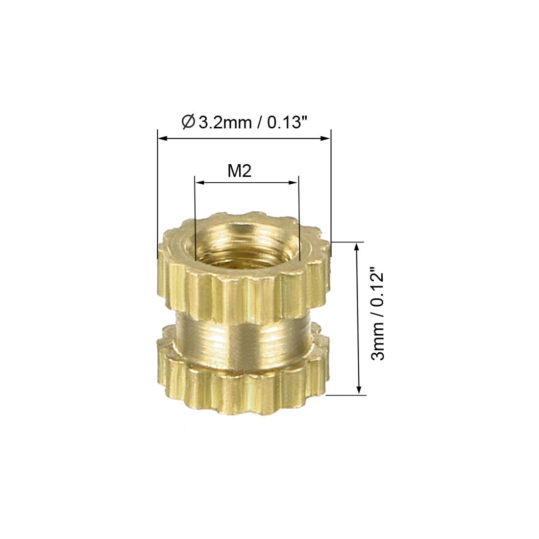 uxcell M2 x 3mm L x 3.2mm OD Female Thread Brass Embedment Nuts 100Pcs