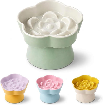 Ceramic Elevated Slow Feeder Cat Bowl, Raised and Gently Tilted Feeding Dish with Maze Design, Whisker-Friendly, Easy