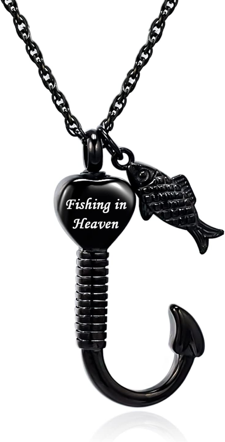 Gone Fishing Urn Necklace for Ashes, Fish Hook Memorial Pendant
