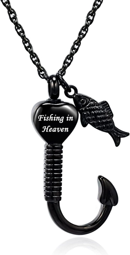 Gone Fishing Urn Necklace for Ashes, Fish Hook Memorial Pendant