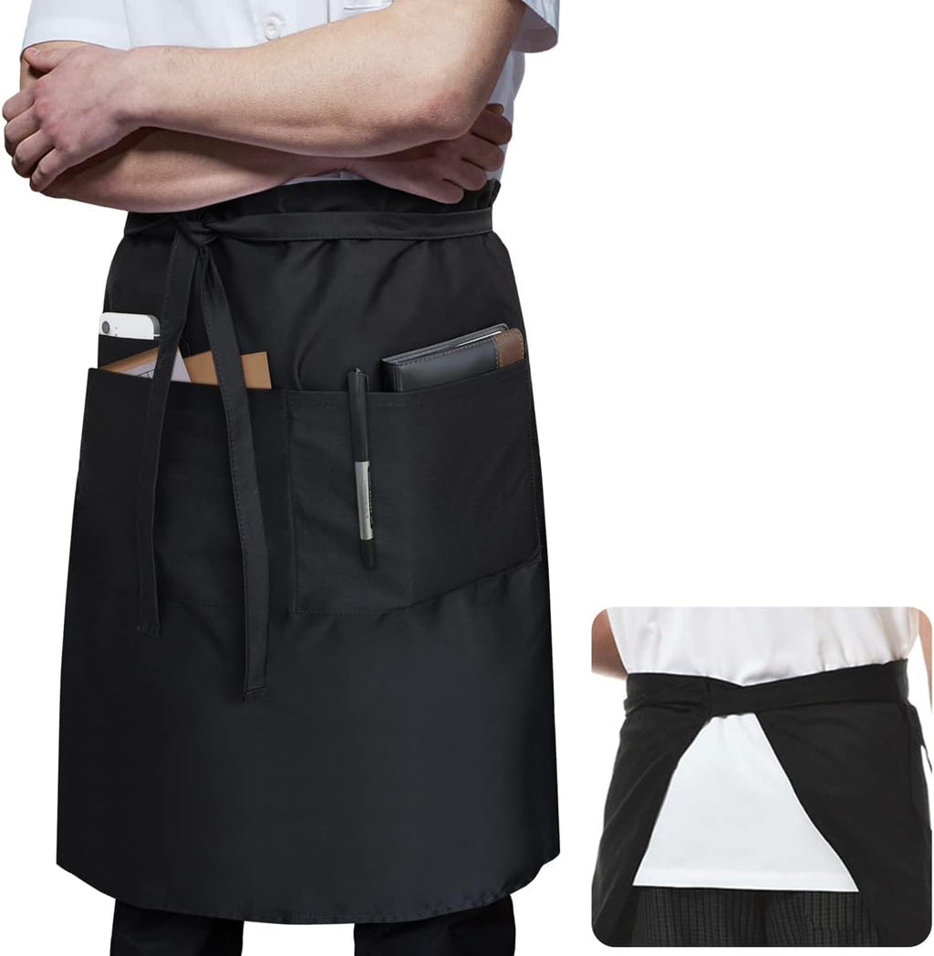 Long Server Apron Black with 3 Pockets 28" Bistro Aprons Waterproof