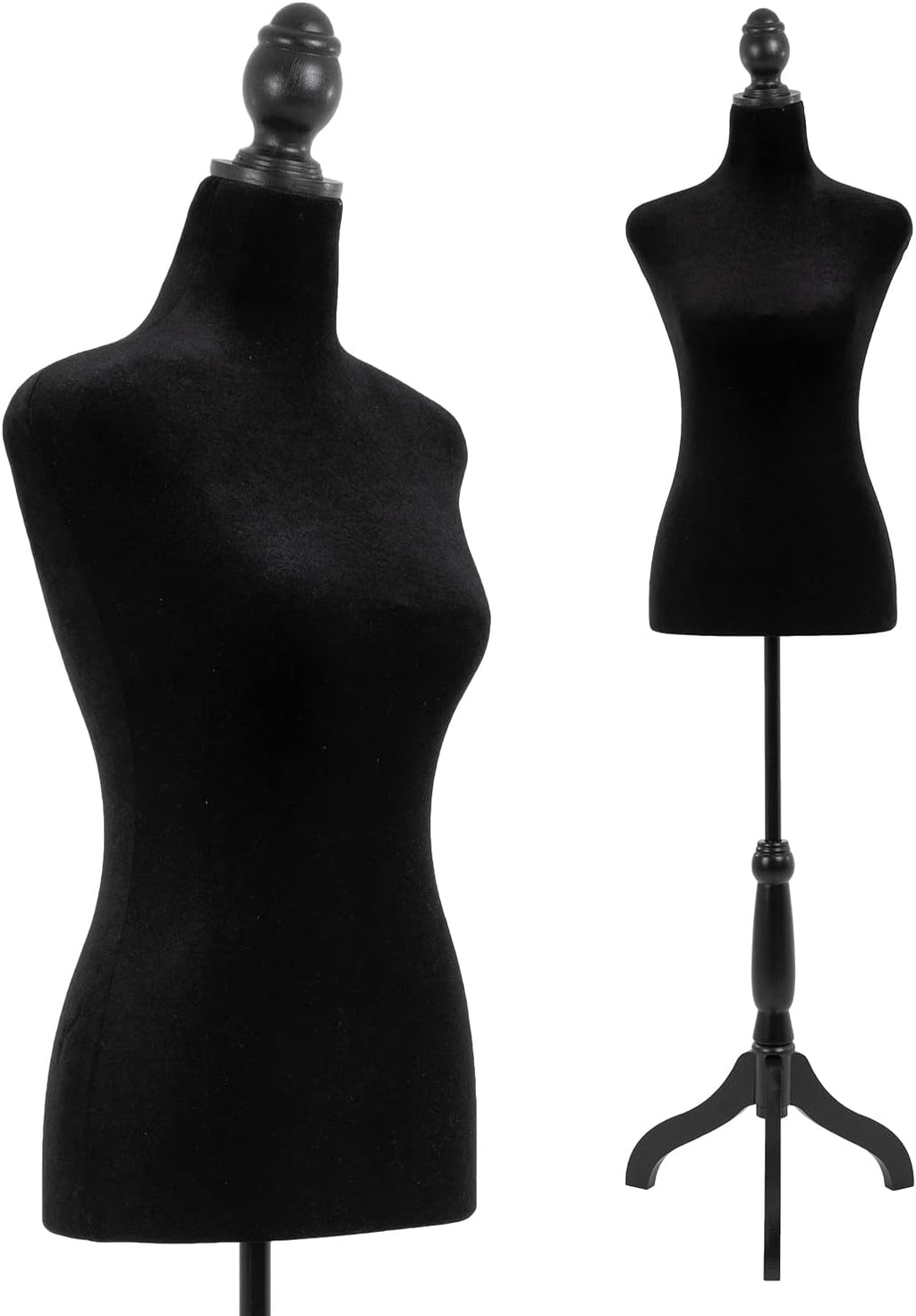 Female Mannequin Torso | Black | Lightweight | with 13.8" Height Adjustment, Dress Form Body with Wooden Tripod Base