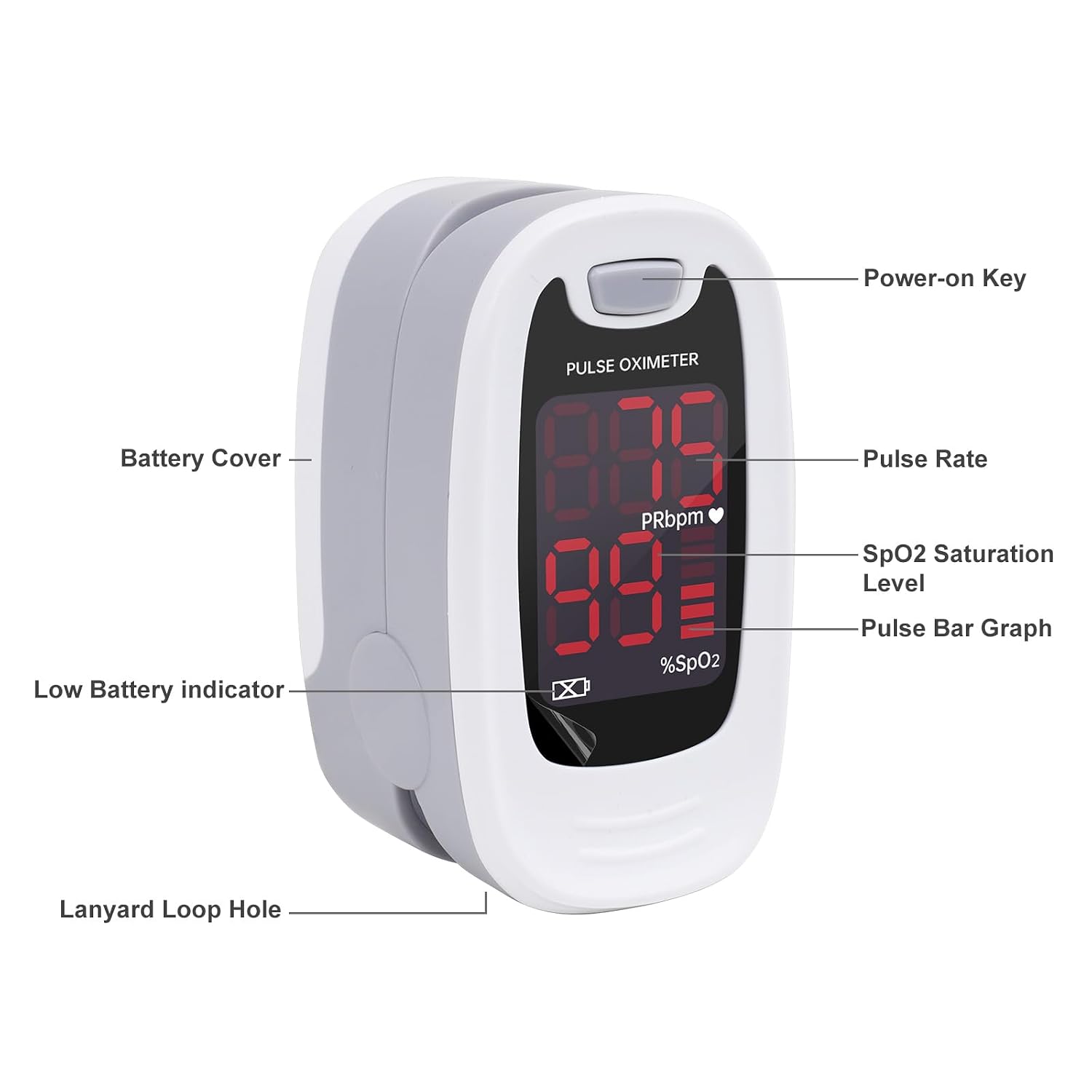 CMS50M Fingertip Pulse Oximeter SpO2 and PR Value Blood Oxygen Monitor Neck/Wrist Cord LED Display Gray White color