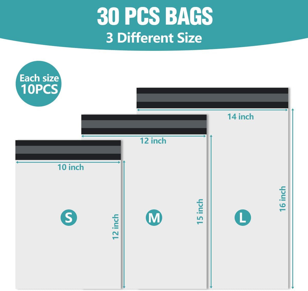 3 Size Poly Mailers 30 Pcs, Self-sealing Shipping Packaging Bags | Includes Size 10x12, 12x15, 14x16, Shipping