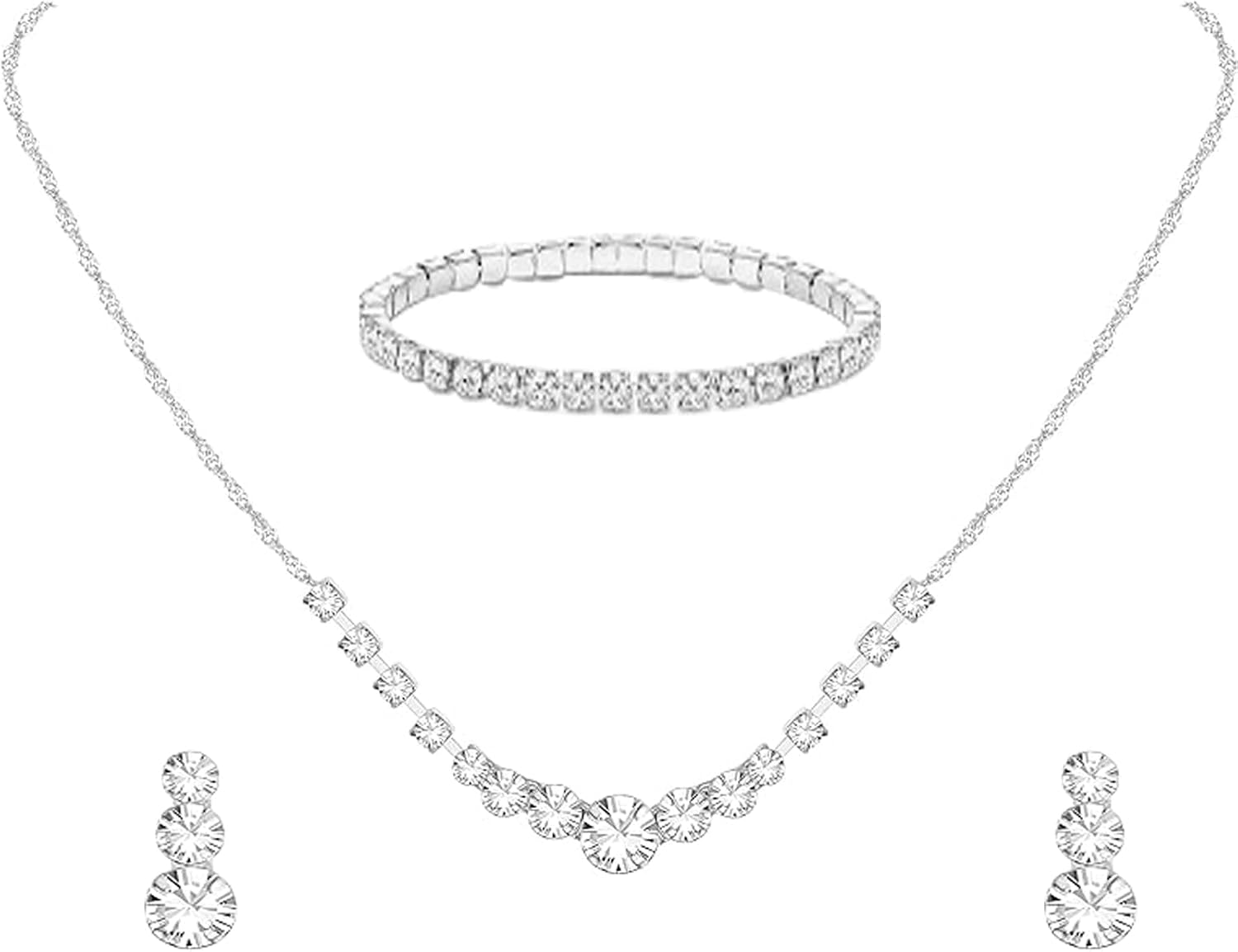 Crystal Wedding Jewelry Set, Silver Necklace Earrings Bracelet Crystal Bridal Wedding Jewelry Sets for Brides