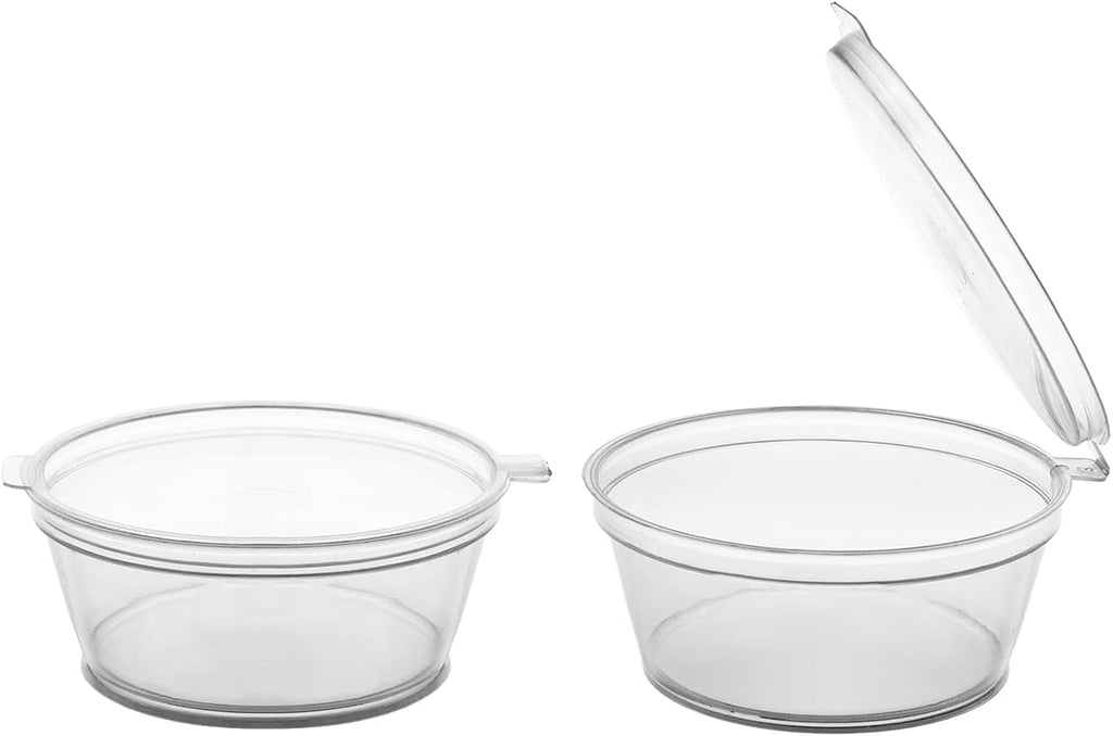 Leak Proof Plastic Condiment Souffle Containers with Attached Airtight Portion Cup with Hinged Lid for Sauces