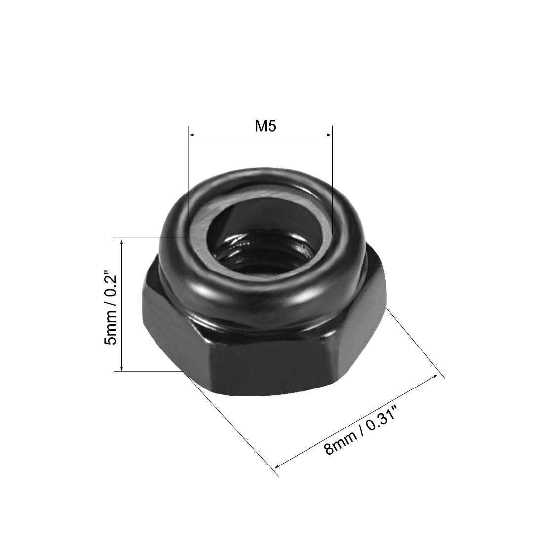 uxcell Hex Lock Nuts - M5 x 0.8mm Carbon Steel Nylon Insert Self-Locking Nuts for Fasteners, 50Pcs Black