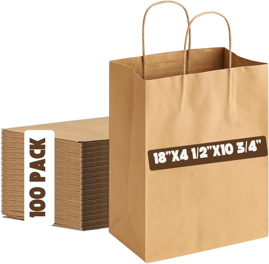 8" x 4.5" x 10.75" Natural Brown Paper Shopping Bags To Go Bag (100)