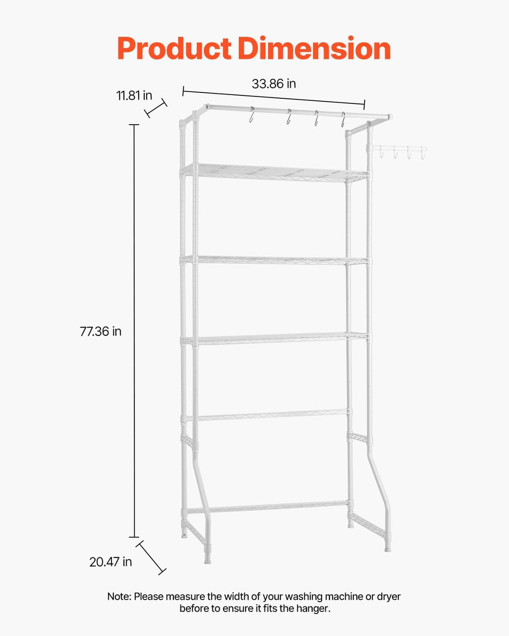 Over the Washer and Dryer Storage Shelf, 3 Tier Laundry Room Drying Rack with Hanger Rod and Hooks, Adjustable Over