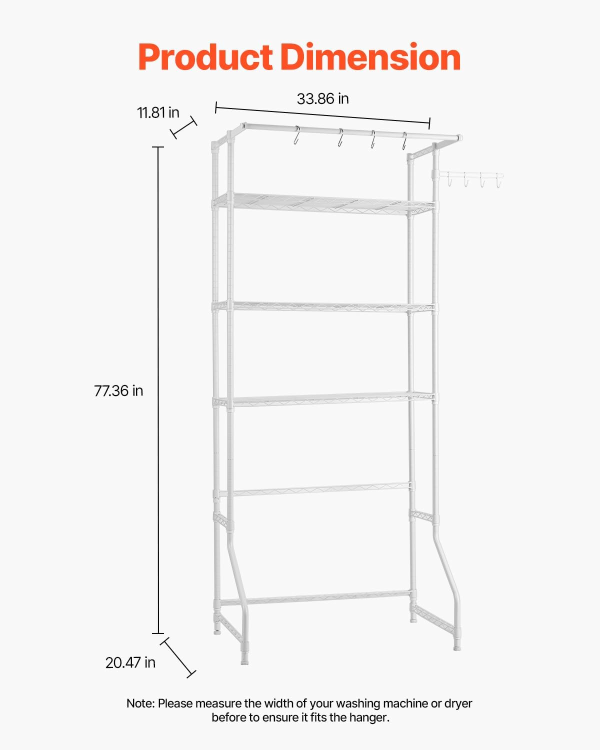 Over the Washer and Dryer Storage Shelf, 3 Tier Laundry Room Drying Rack with Hanger Rod and Hooks, Adjustable Over
