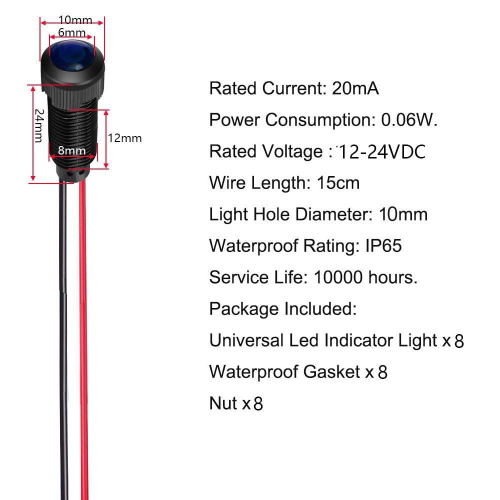 Gebildet 8pcs Blue LED Indicator Pilot Light AC/DC 12-24V Mounting Hole Size 8mm(Flame Retardant Plastic Shell)