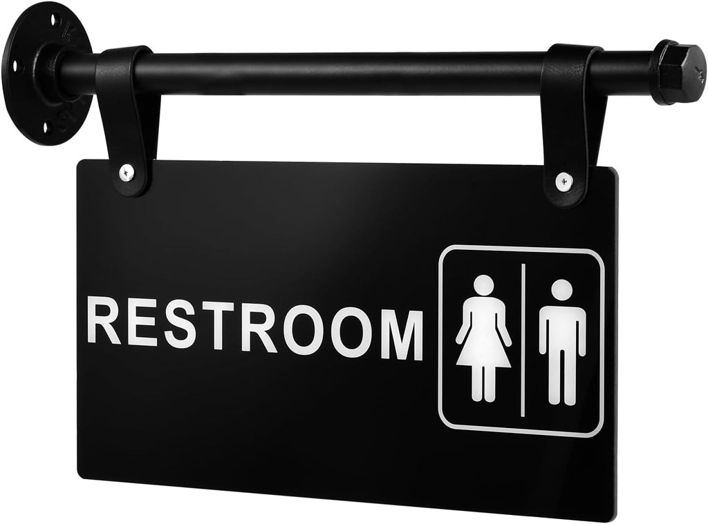 Restroom Sign, Double Sided Black Hanging Wall-Mounted Bathroom Sign