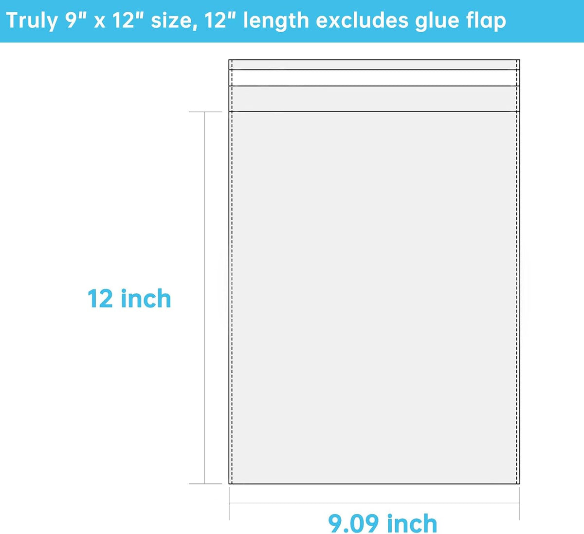 Self Sealing Cellophane Bags, Clear, 9x12 in, 100 Pcs