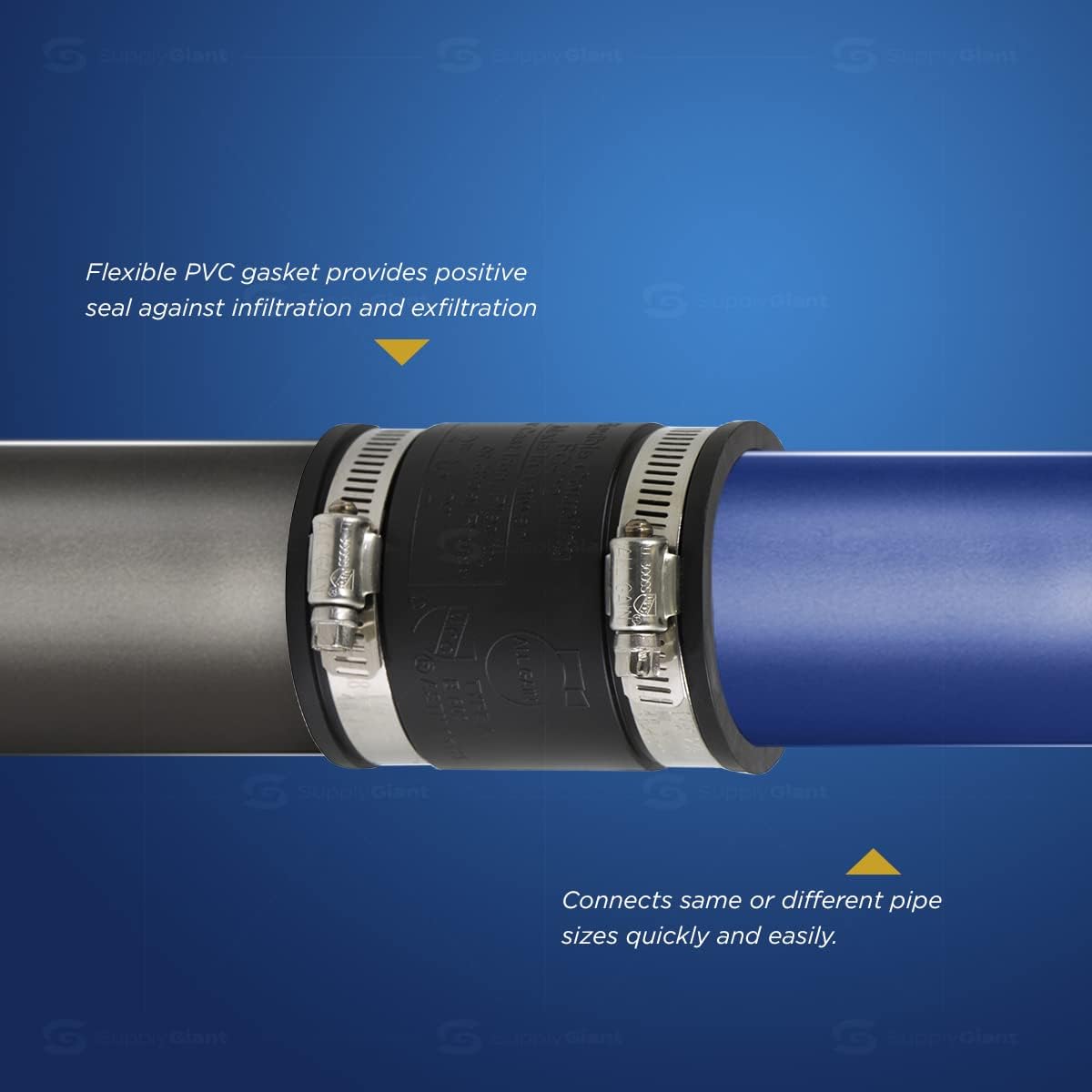 Supply Giant 6I47 Flexible PVC Coupling with Stainless Steel Clamps, 2.4" Inner diameter for 2" Nominal Pipe, Black