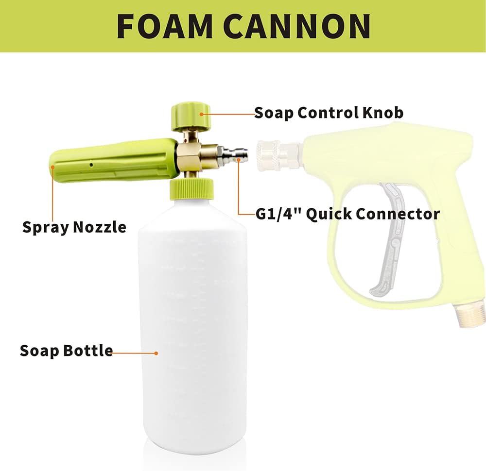 Foam Cannon 1 L Bottle Car Wash Snow Foam Lance with 1/4" Quick Connector Pressure Power Jet Washer Quick Release