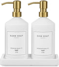 Gold Soap Dispenser Set, Glass Hand and Dish Soap Dispenser Set with Tray,Stainless Pump,14 Stickers for