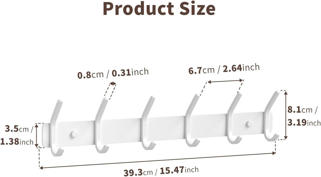 Coat Rack Wall Mount Hooks - 15 Inch Matte White Metal 6-Hook Organizer Wall Mounted, Modern Kids Room, Entryway &