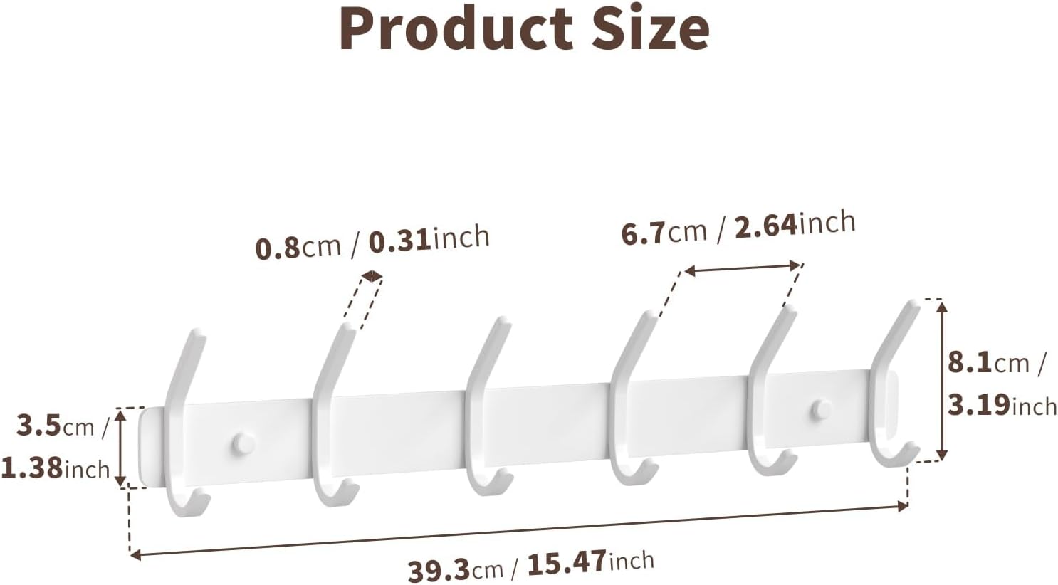 Coat Rack Wall Mount Hooks - 15 Inch Matte White Metal 6-Hook Organizer Wall Mounted, Modern Kids Room, Entryway &