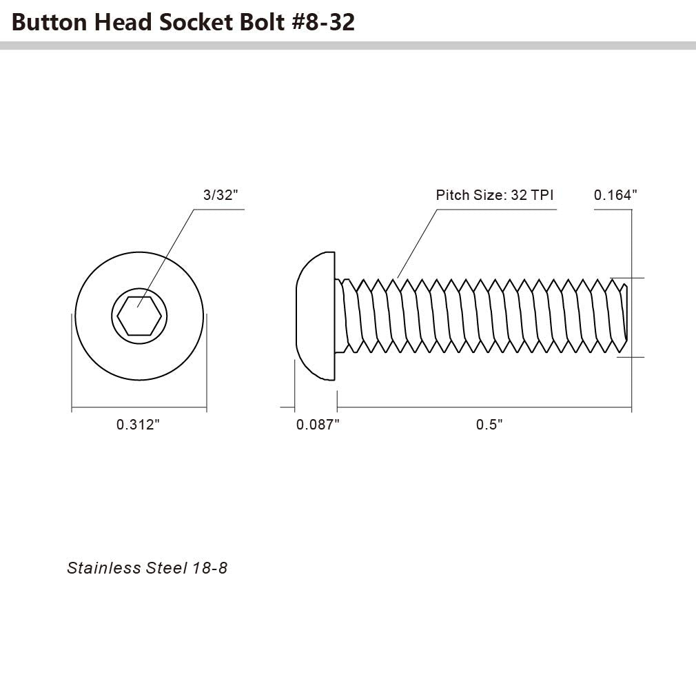 8-32 x 1/2" Button Head Socket Cap Bolts Screws, 50 PCS