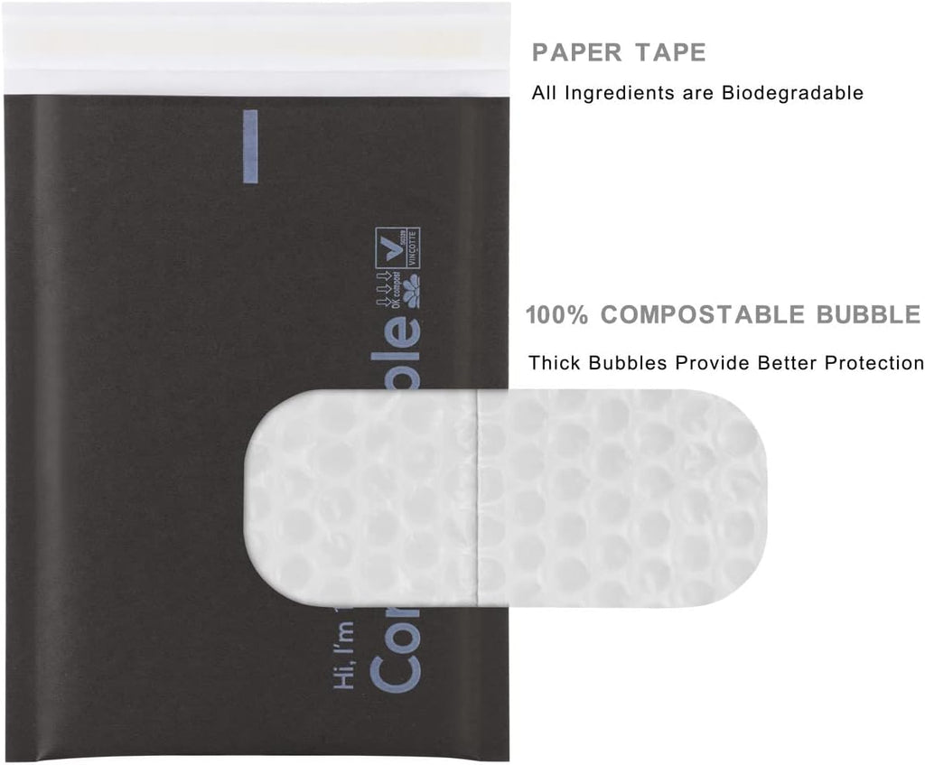 6x10 100% Biodegradable Bubble Mailers,25 Count Kraft Black #000 Compostable Padded Packaging Wrap Envelopes Pouches
