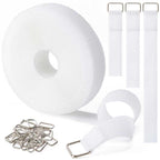 1" x16Ft Hook and Loop Straps with 25 Metal Buckles，White
