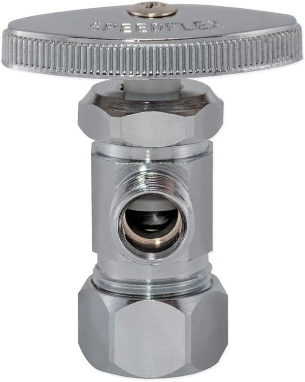 Multi-Turn Angle Stop Valve with Nut and Sleeve, 3/8 Inch OD x 5/8 Inch OD, Chrome Plate, 48290LF