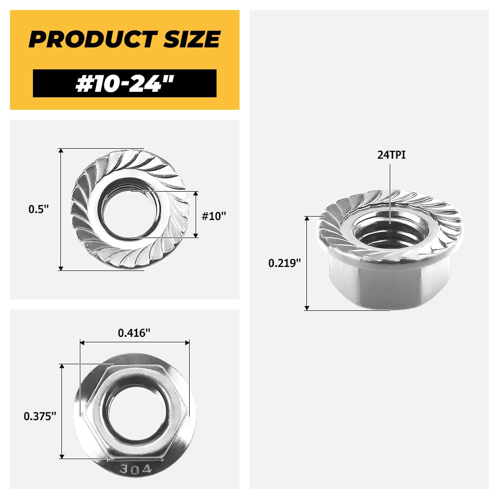 100pk #10-24 Flange Nuts, 304 Stainless Serrated Flange Lock Nuts