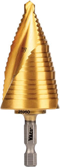 Klein Tools 25960 Step Drill Bit, 7/8 to 1-3/8-Inch, Spiral Double-Fluted, Cut Thin Metal, Plastic, Aluminum, Wood, 1/4-Inch Hex Shank, VACO