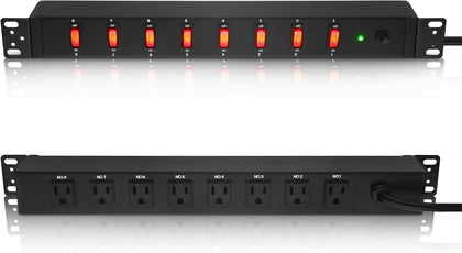 PDU Rack Mount Power Strip, Heavy Duty 12 Gauge Cord, 6FT, 1 | 8 Outlets Individual Switches, Metal, Server Mountable