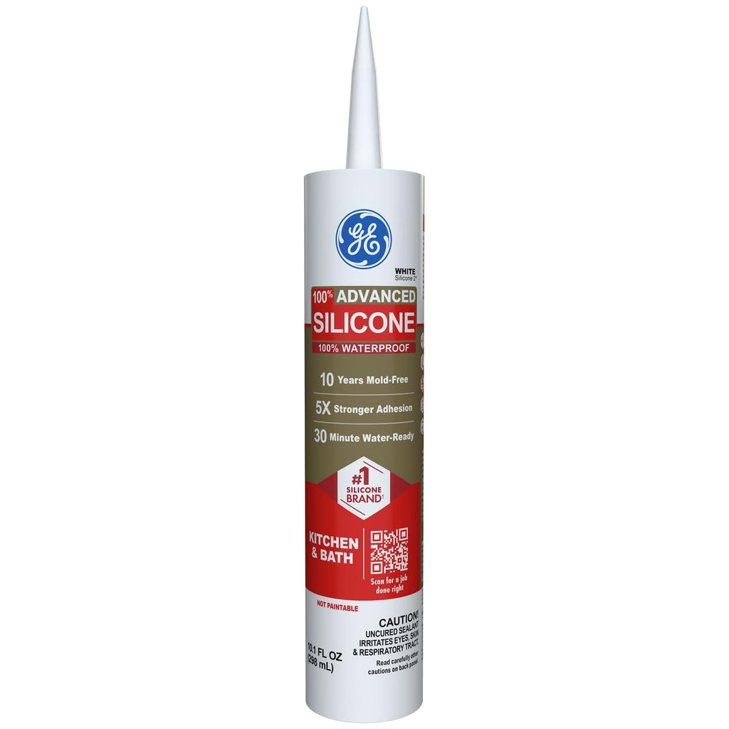 Advanced Silicone Caulk for Kitchen & Bathroom, White, 10 fl oz Cartridge, 1 Pack - 100% Waterproof Silicone Sealant