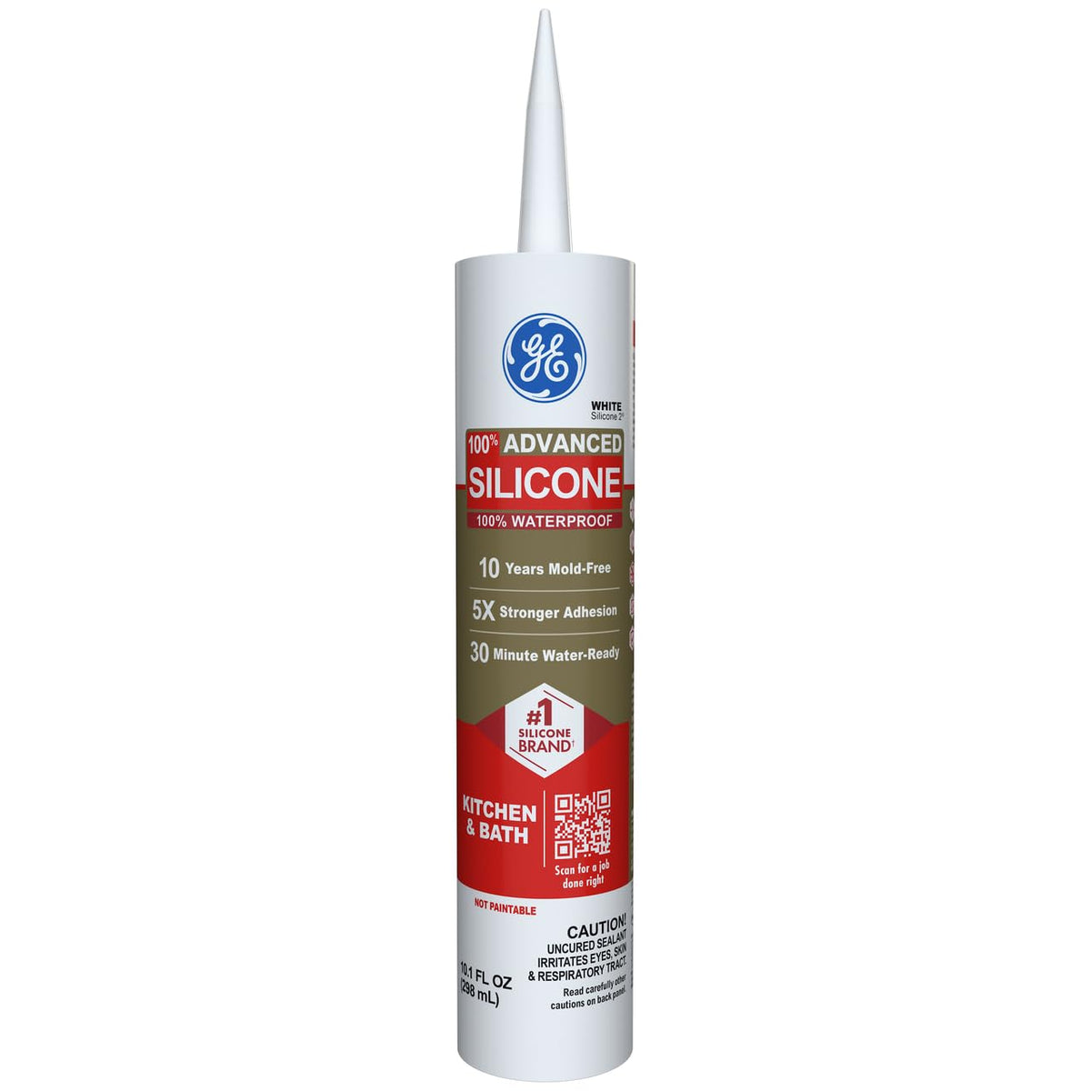Advanced Silicone Caulk for Kitchen & Bathroom, White, 10 fl oz Cartridge, 1 Pack - 100% Waterproof Silicone Sealant