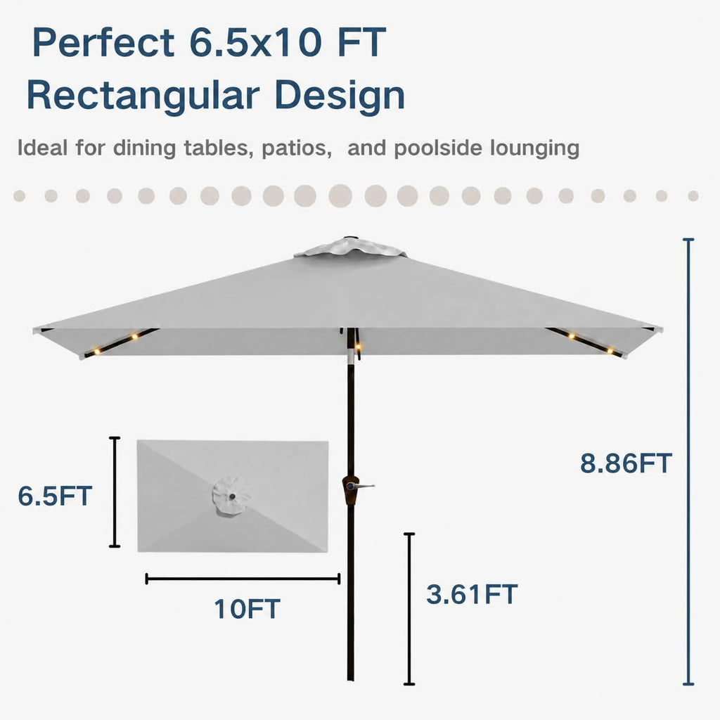 6.5 x 10ft Rectangular Patio Umbrella with Solar Lights, 16 LED Lighted Market Umbrella with Push-Button Tilt and