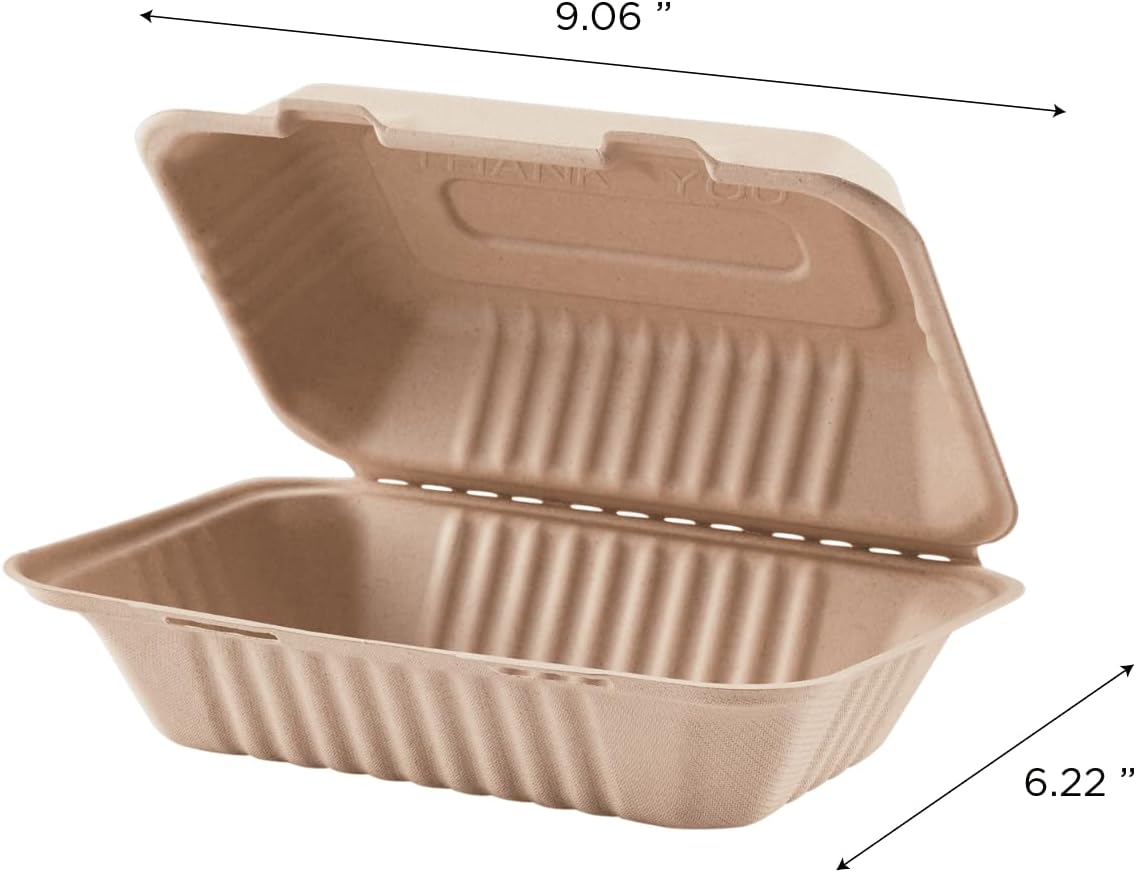 Clamshell Take Out Food Containers [9"x6", 200 ct] - Compostable To Go Containers, Natural Disposable Biodegradable