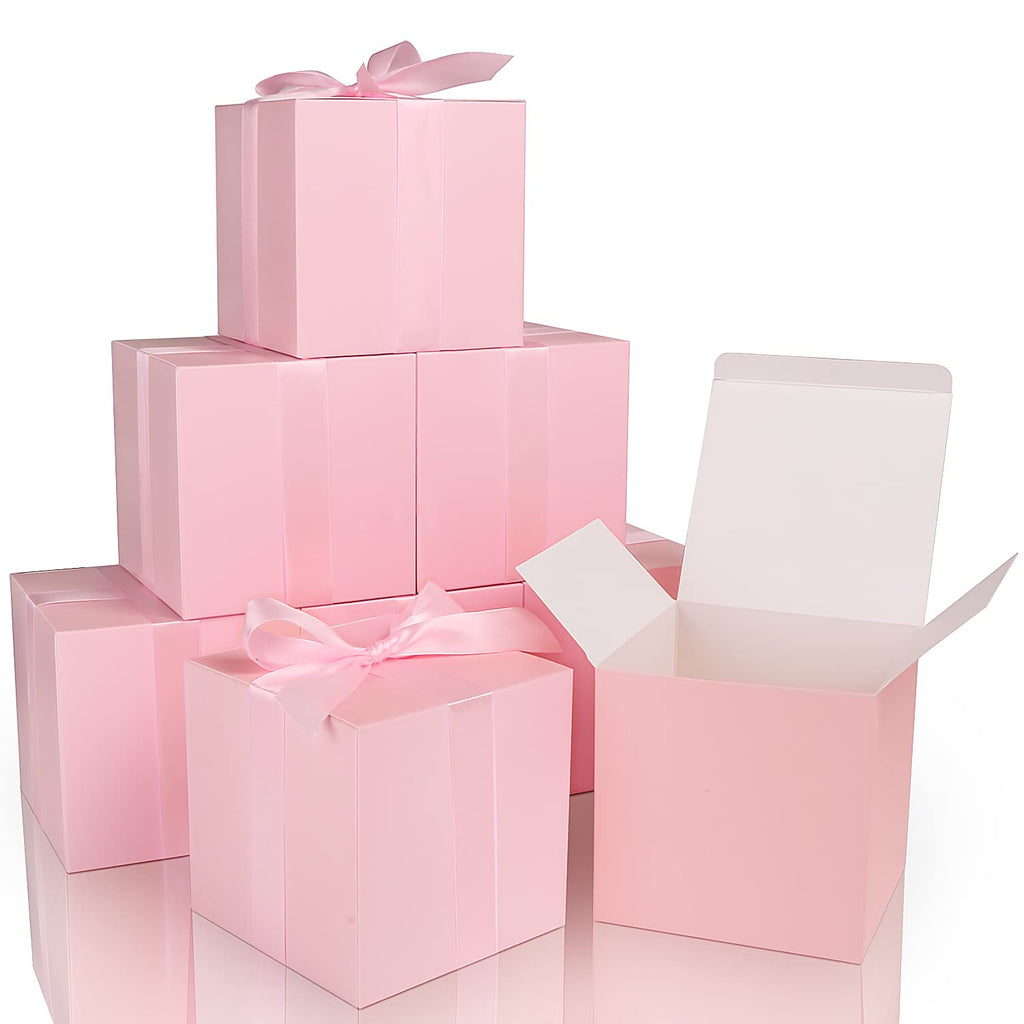 Small Gift Boxes 25 Pack 6x6x6 in Pink Gift Box with Ribbons