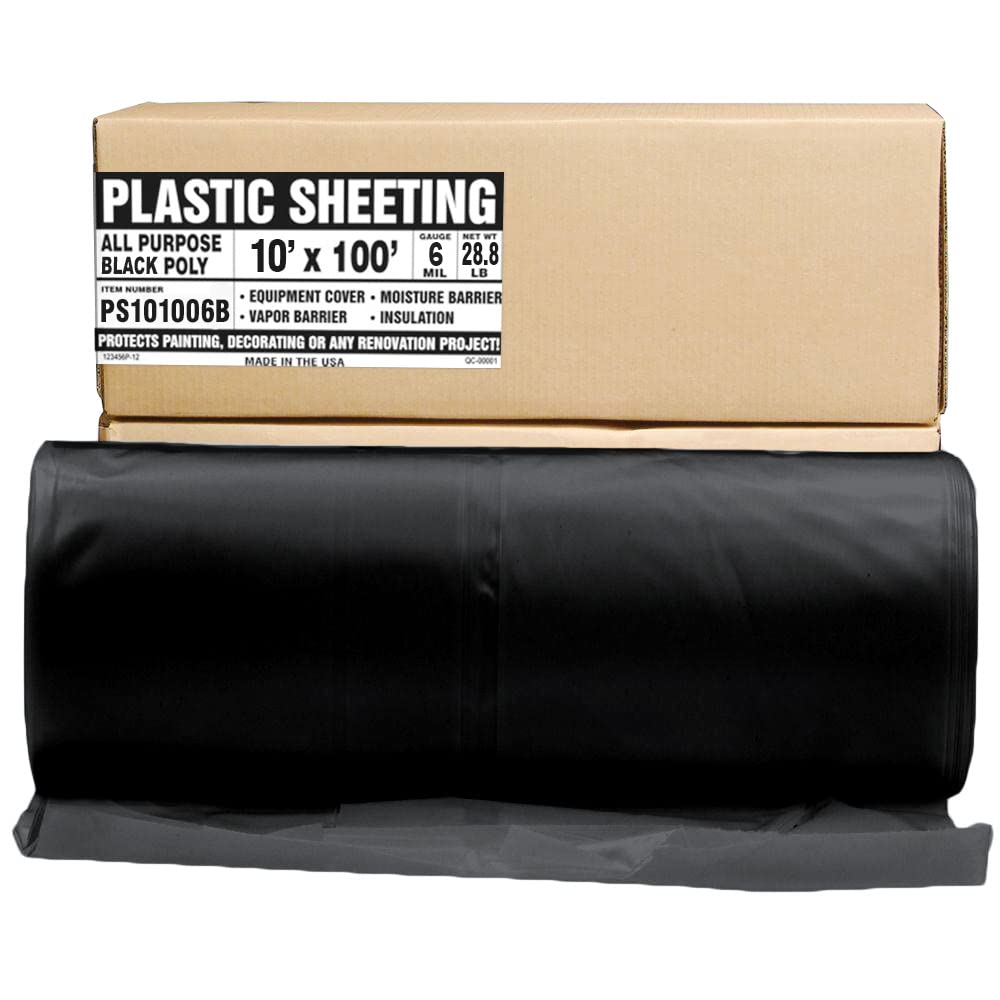 Black Plastic Sheeting - 10' x 100', 6 MIL Heavy Duty Gauge - Vapor and Moisture Barrier Sheet Tarp/Drop Cloth for