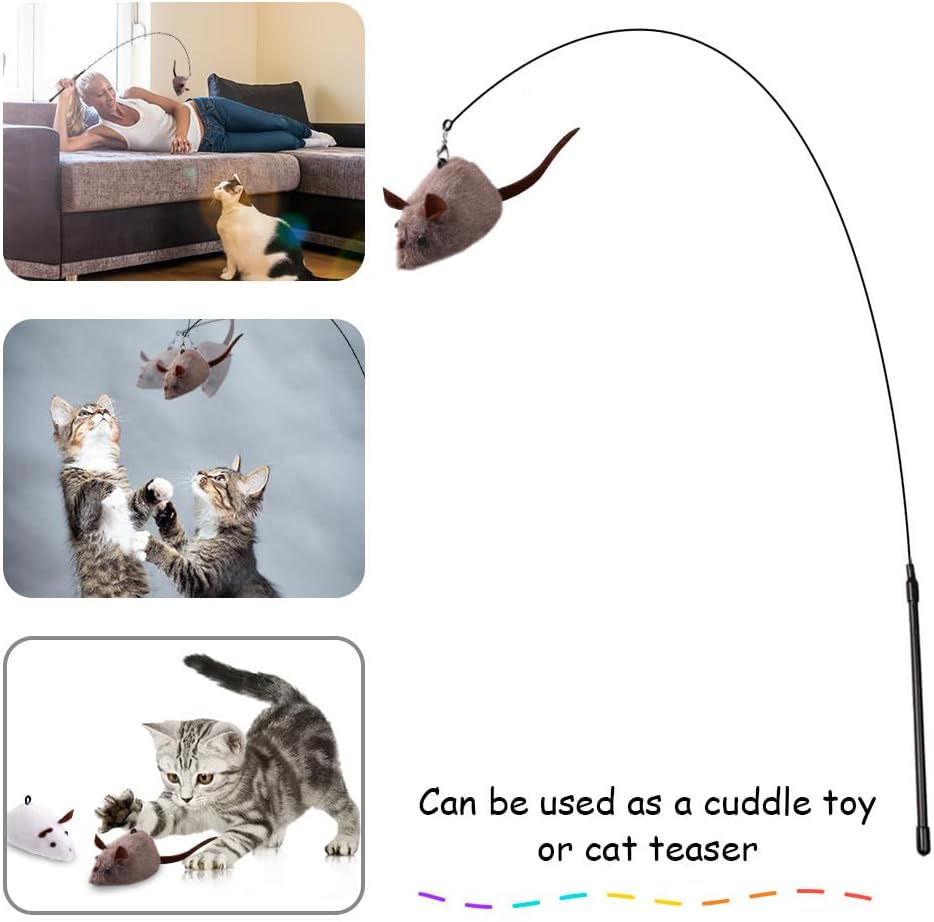 Cat Wand Toy, Mouse 2-piece Catnip wzggle Sound Toy, Soft and Durable, Interactive cat kick for Indoor Games