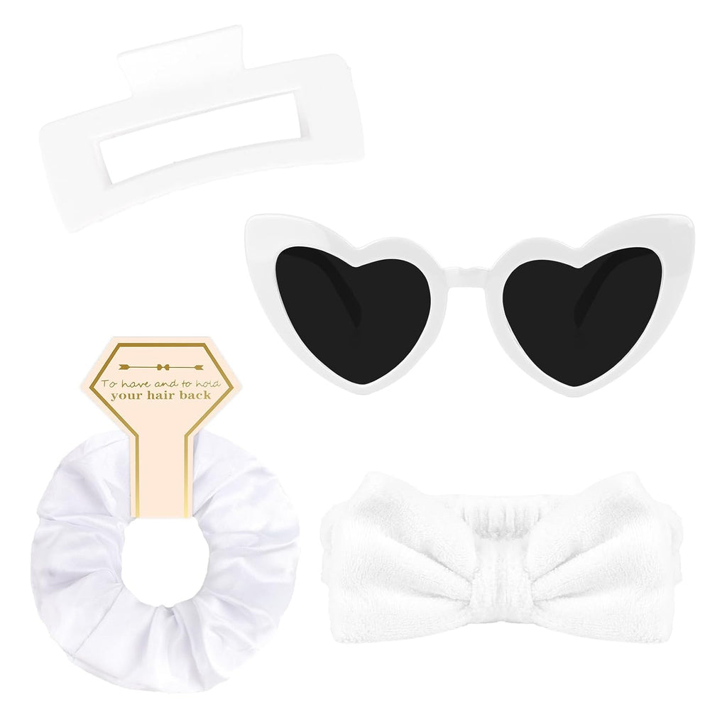 4 Pcs White Bridesmaid Proposal Gifts Bridesmaid Spa Headband, Hair Claw Clips, Heart Shaped Sunglasses and Smooth