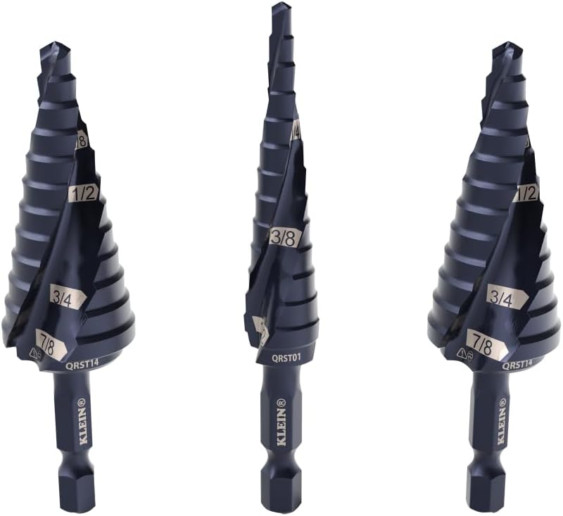 Klein Tools QRST2S Quick-Release Step Bit Set, 3-Piece, Durable Aluminum Titanium Coating, Impact-Rated Hex Shank