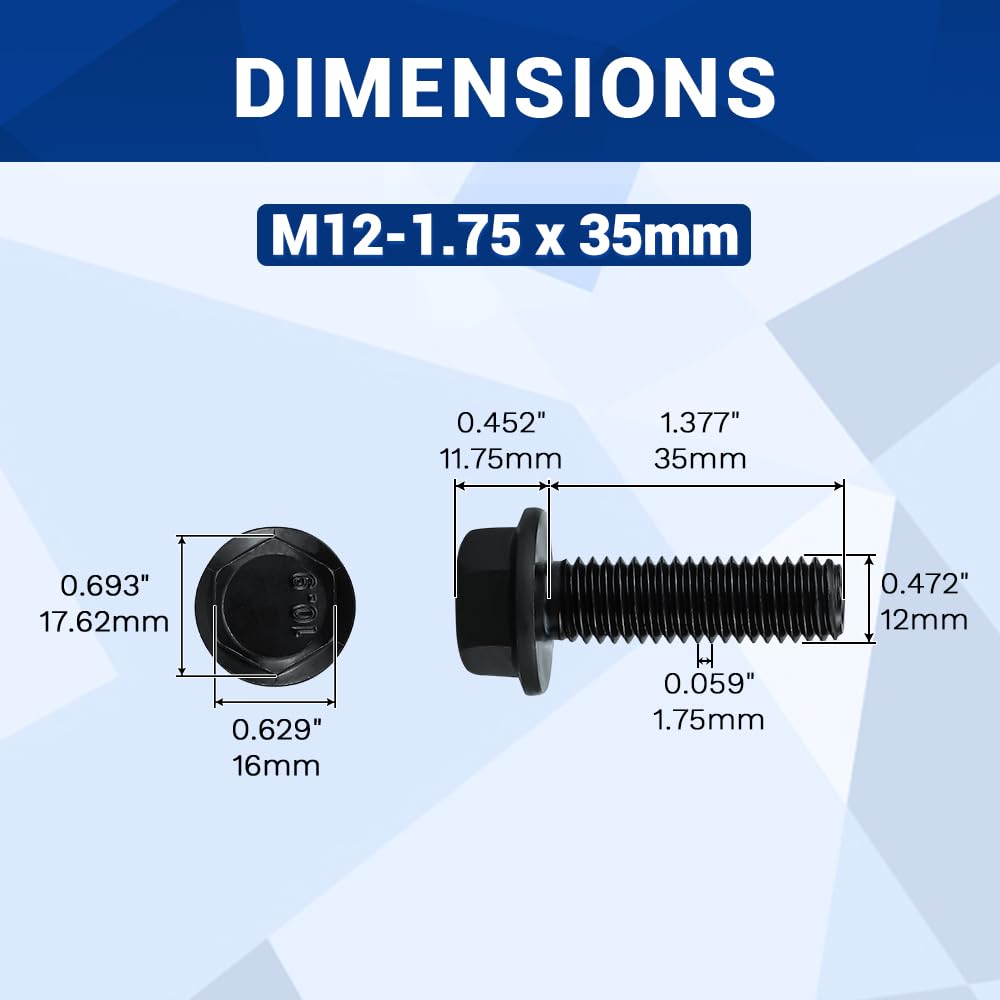 8 Sets M12 x 35mm Flange Hex Bolt + Nut + Flat & Lock Washer Black 10.9