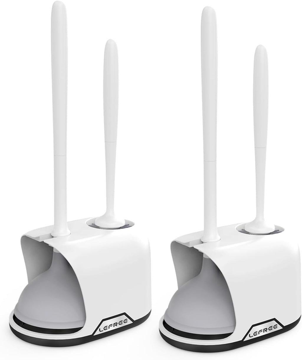 2 in 1 Toilet Brush and Plunger Set with Silicone Bristles, Plastic Material, Includes Holder, White/Black