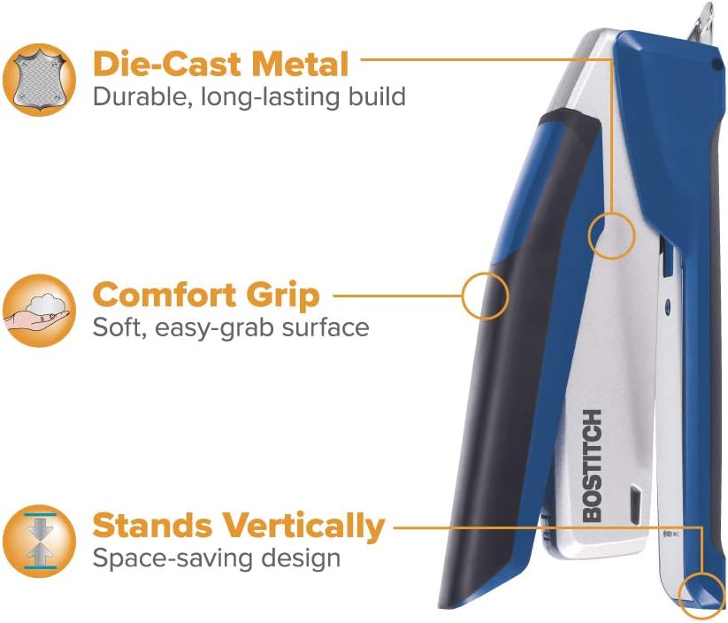 Bostitch Office InPower Spring-Powered Premium Desktop Stapler - One Finger, No Effort, Blue/Silver (1118)