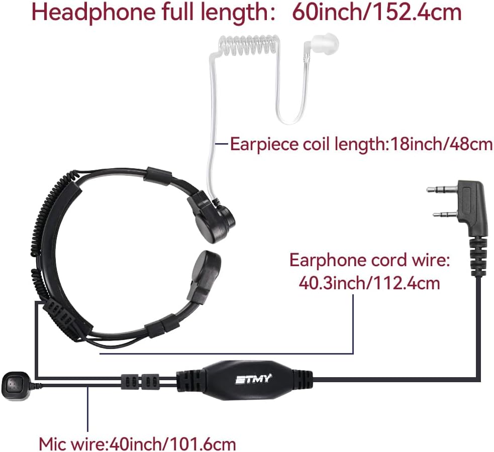 K-2 PIN Throat Mic Compatible with BaoFeng/Retevis/Pxton/Kenwood, Airsoft Tactical Single-Ear Air Tube Headset with