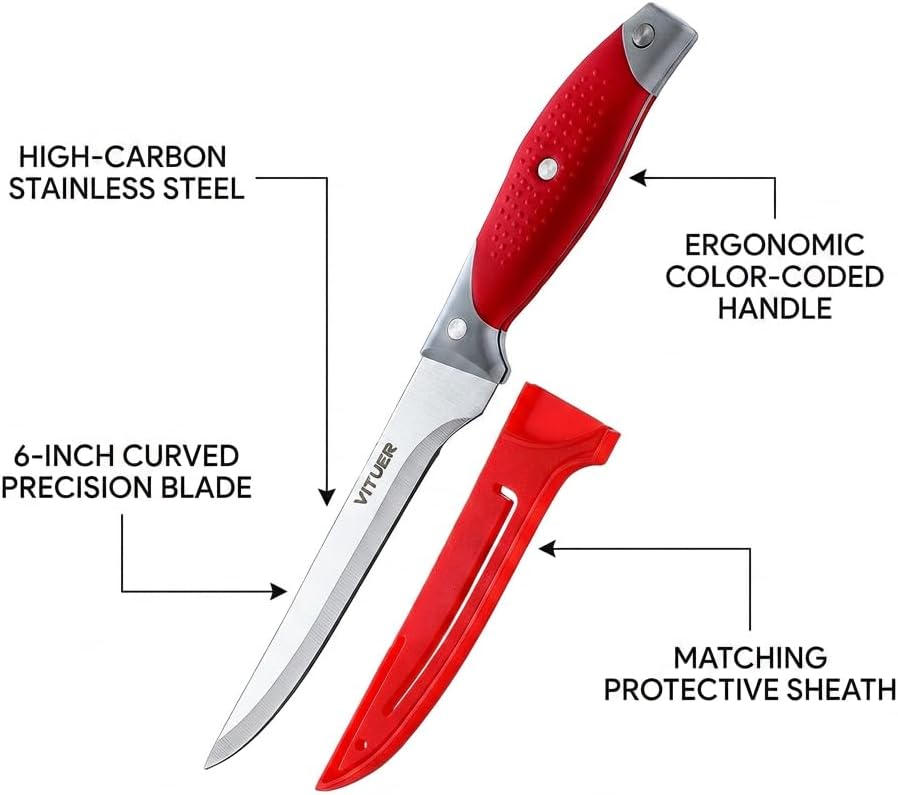 Boning Knife, 6PCS Fillet Knives (3PCS Filet Knives and 3PCS Knife Cover), 6 Inch Curved Boning Knife for Meat, Fish