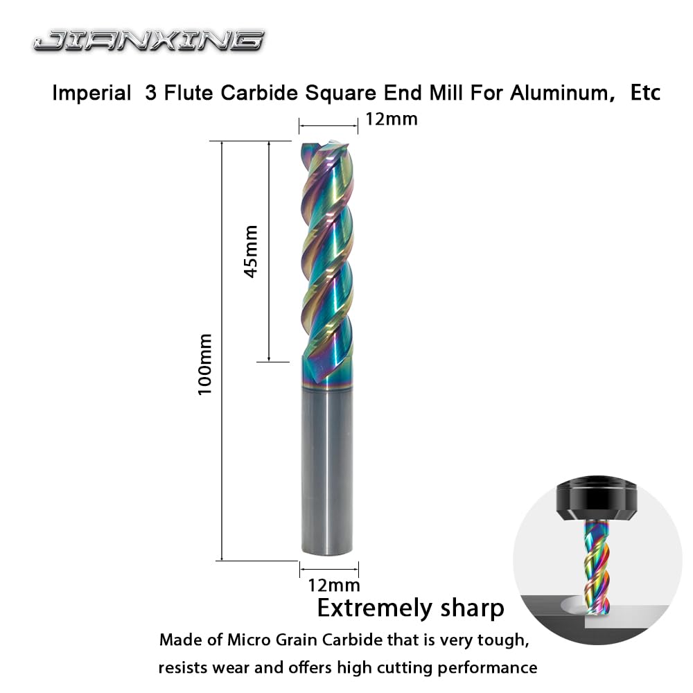 JIANXING 12mm Extra Long Carbide Square End Mill, 3-Flute, 100mm OAL, 1 Pc