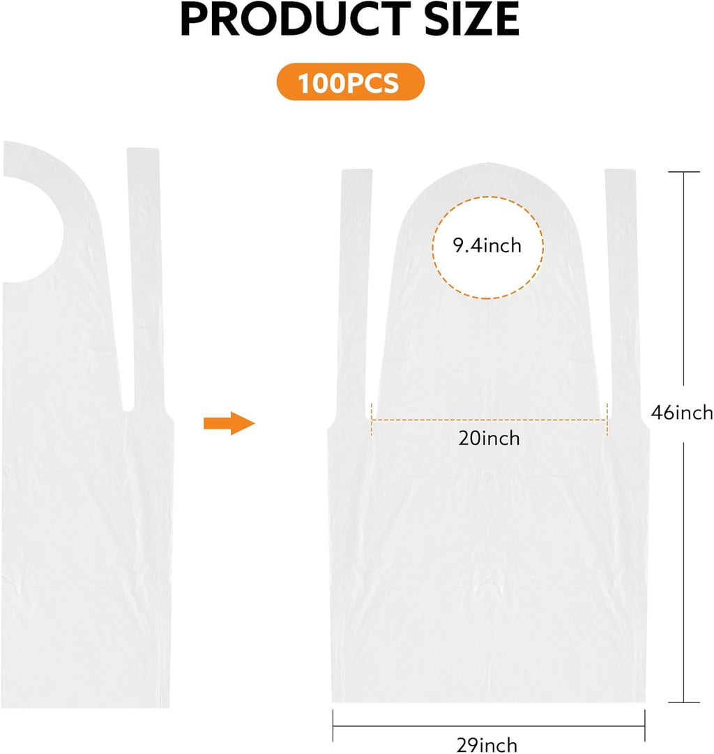100pcs Disposable Apron, 46"x29" Plastic Poly Apron for Kitchen, Party, Painting - White