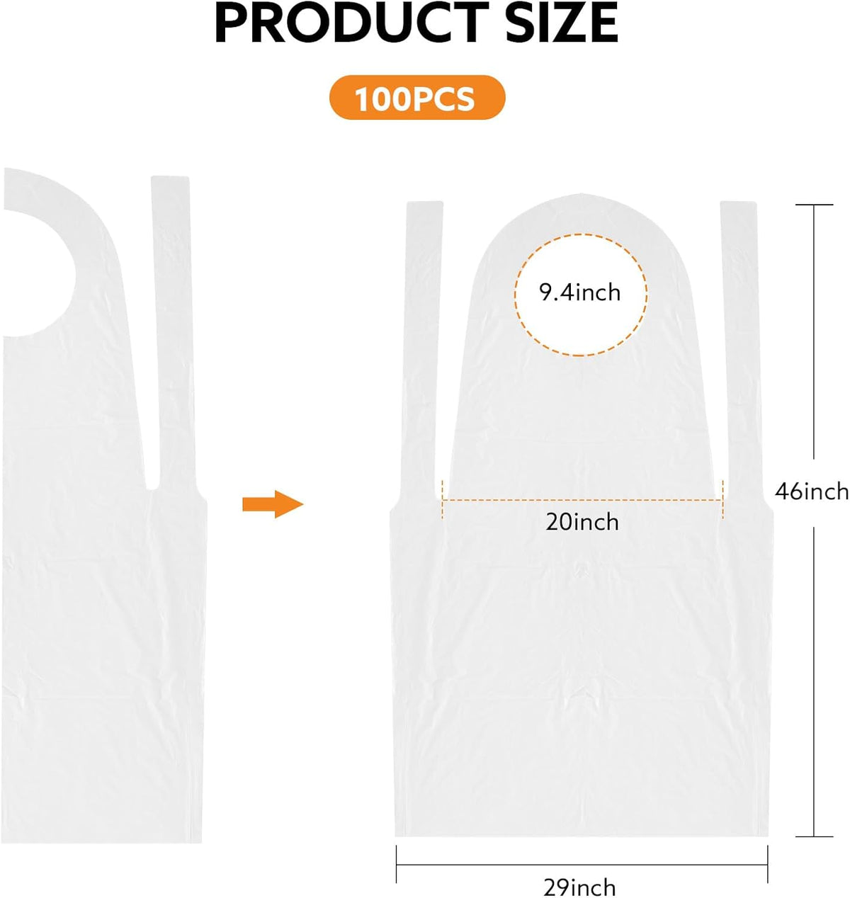 100pcs Disposable Apron, 46"x29" Plastic Poly Apron for Kitchen, Party, Painting - White